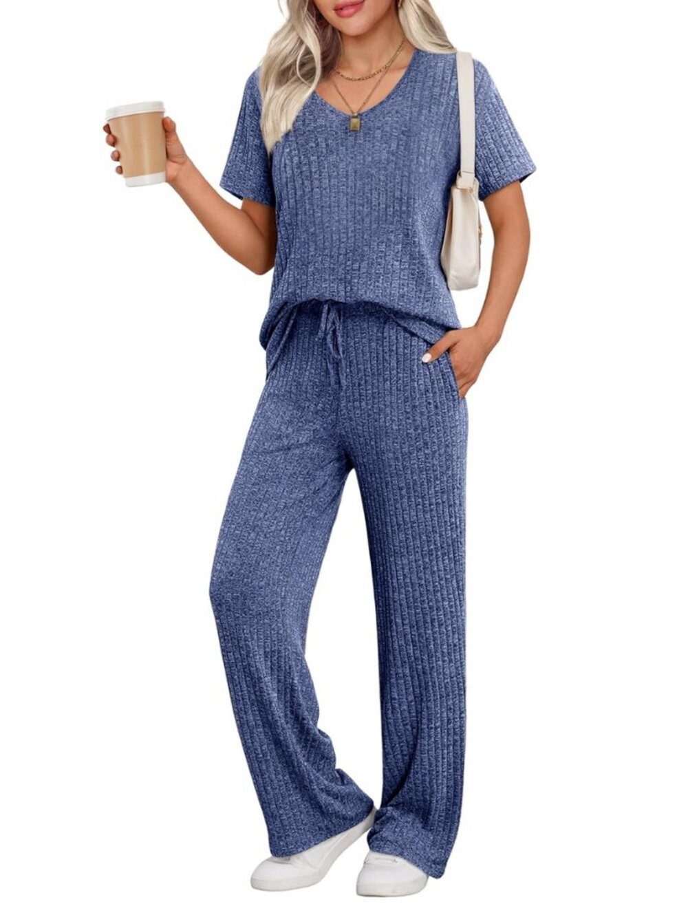 Womens Ribbed Knit Lounge Set Short Sleeve Top and Long Pants Sleepwear Pajama